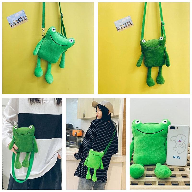 Süße grüne Frosch Plüsch Umhängetasche für Damen Cartoon-Figur Crossbody Tasche mit Reißverschluss