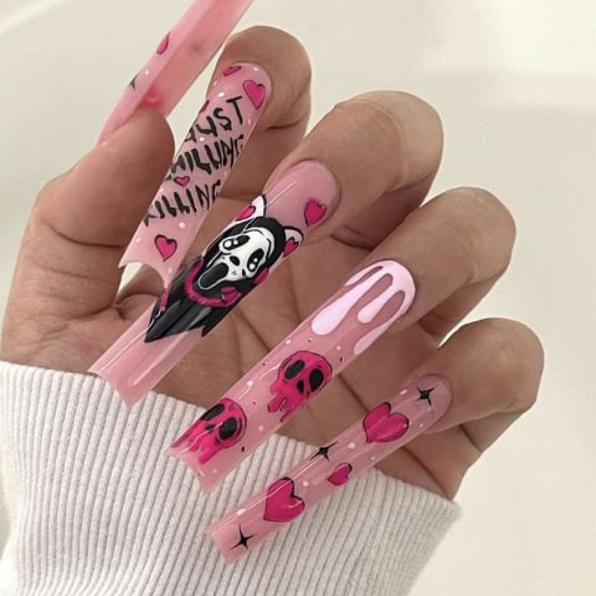 

Dark Skeleton Halloween Press-On Nails: Cool, Sweet Finished Manicure Tips