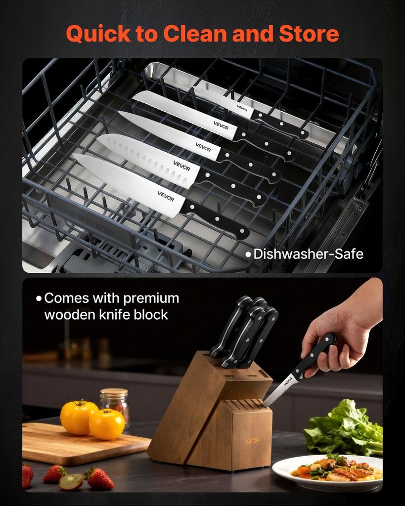Kitchen Knife Set with Block and Sharpener, 15 Piece German High Carbon Stainless Steel Knife Set, Kitchen Cutlery with ABS Ergonomic Handle,