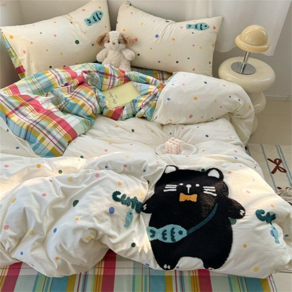 

Cartoon German Cat Towel Embroidery Sanded Autumn And Winter Bedding Four-Piece Set Quilt Cover Bed Sheet Cute Student Dormitory Twin150x200 3pcs