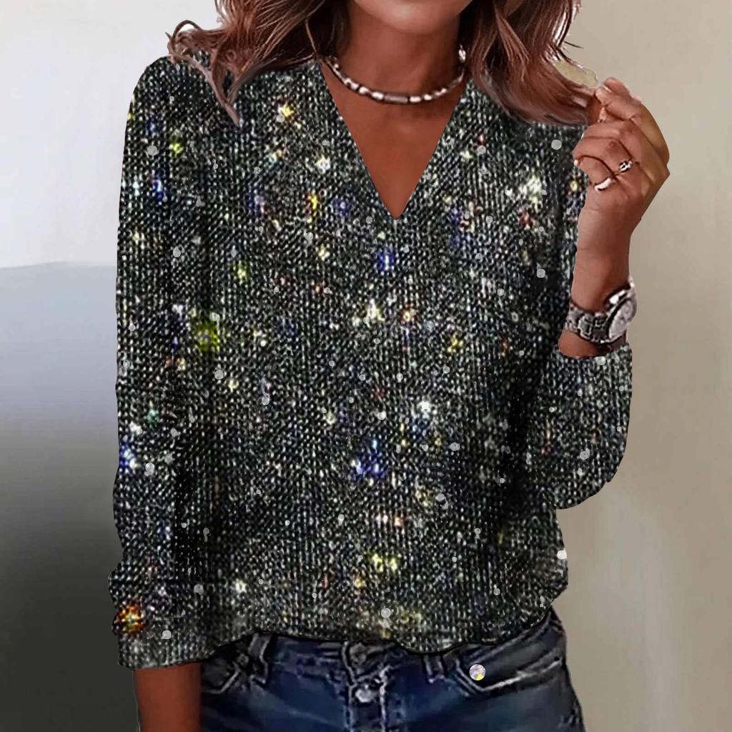 Women's Printed V-neck Long Sleeved T-shirt Pullover Top