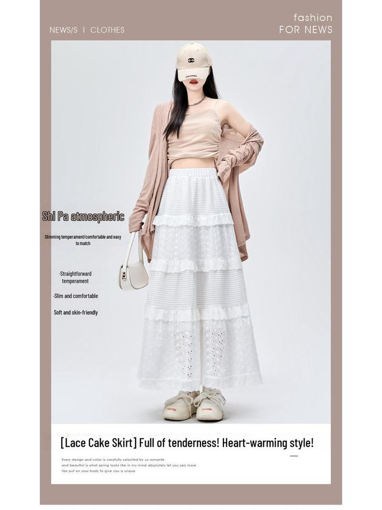 2024 Frühling Damen High-Waist Weiß A-Linien Kuchenrock mit floralem Spitzendesign