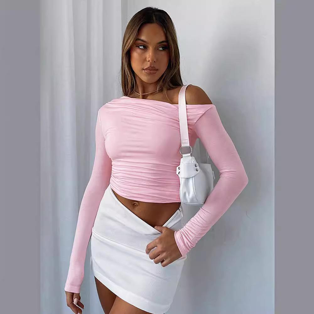 Dámská halenka jarní a podzimní šikmá ramena asymetrická jednobarevná blůza s pupkem, dlouhým rukávem, sexy, štíhlé, temperamentní tričko