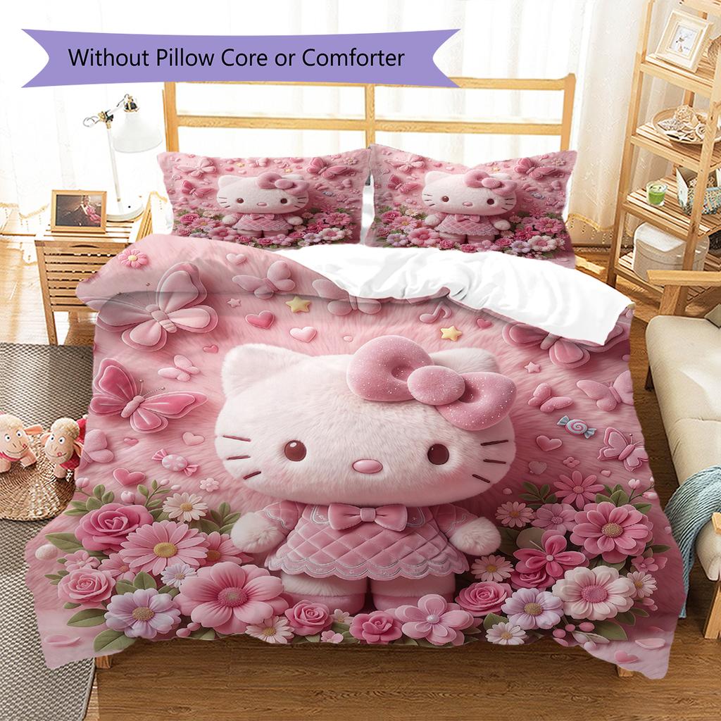 Hello Kitty Pink Pattern Bedding,Quilt Set Quilt Cover Pillowcase Home Birthday Gift(1 * duvet cover + 2 * pillowcase, without core)