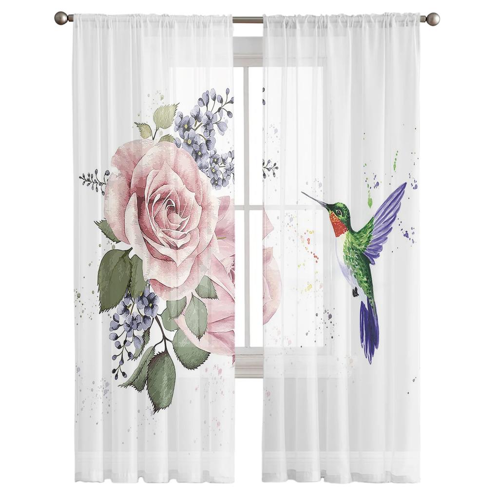 Sheer Hummingbird Pink Flower White Tulle Curtains Living Room Bedroom Decoration Transparent Chiffon Voile Window Curtain Polyester Washable Sitting