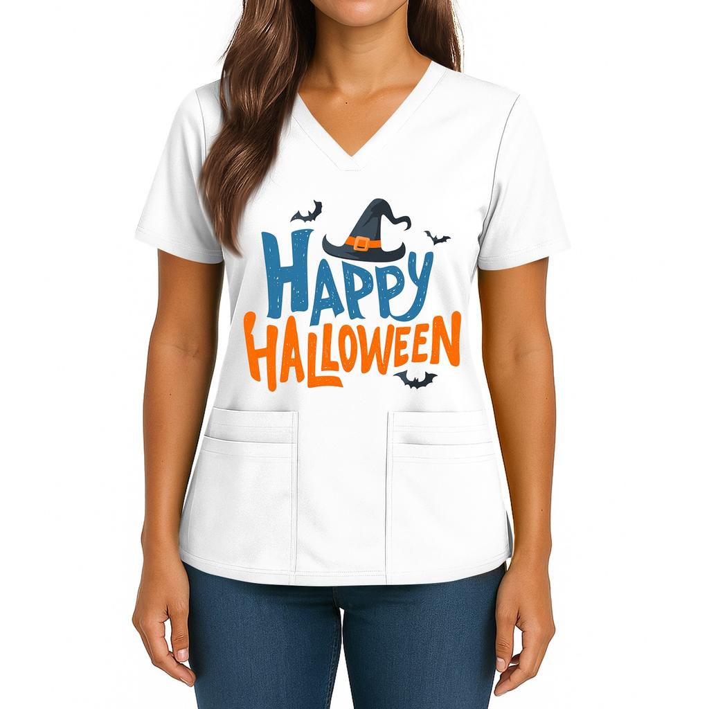 Women's Halloween Printed V-Neck Double Pocket Short Sleeves Hem Slit Uniform Caregiver Top
