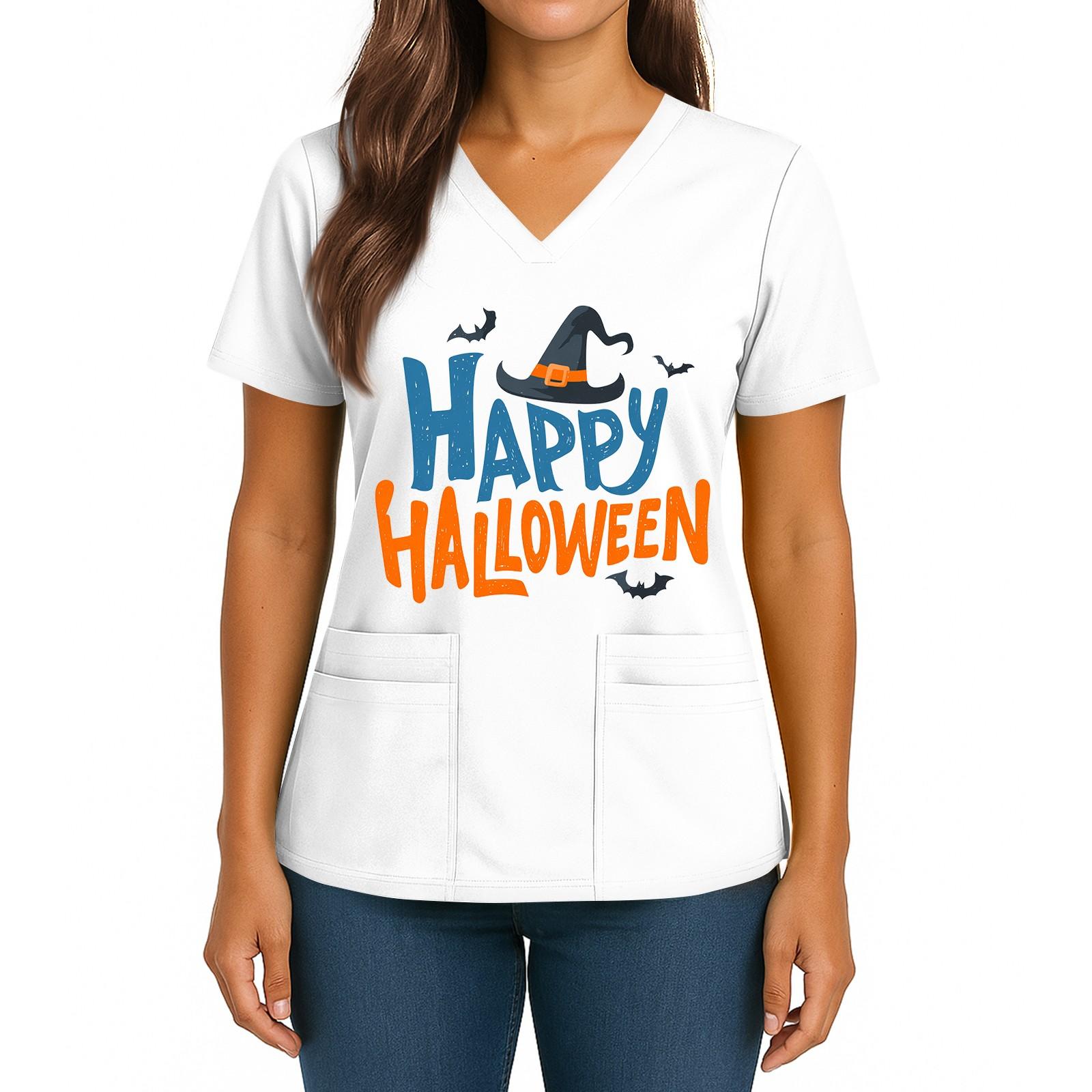 

Женский Хэллоуинский Принт V-образный вырез Двойной карман Короткий рукав Разрез по подолу Топ для униформы/сиделки M