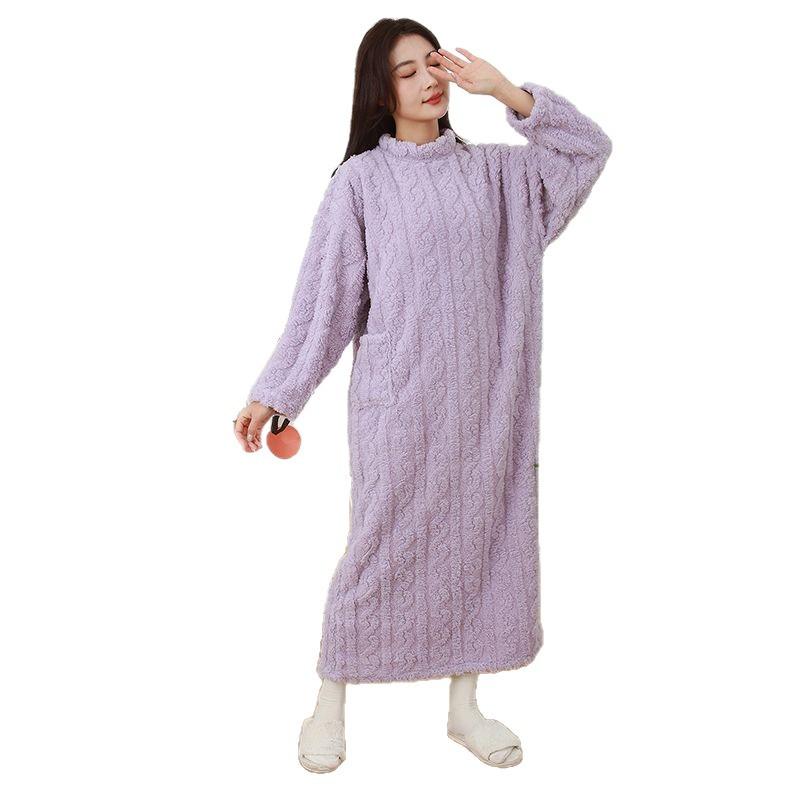 Women's Mock Neck Cable Knit Fleece Nightgown, Winter Warm Long Plush Sleep Dress with Big Pockets, Loose Cozy Loungewear