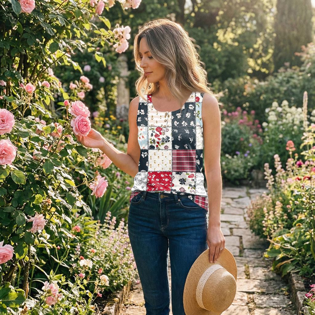 Womens Spring Tops Patchwork Tank Top Summer Shirts for Women Casual Sleeveless Womens Summer Shirts Loose Fit Tshirts Shirts for Women