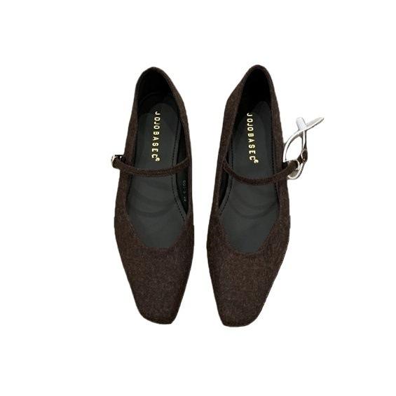 Corduroy woolen low-heeled Mary Jane shoes 2025 autumn and winter new female cute delicate square head light mouth wedge heel single shoes