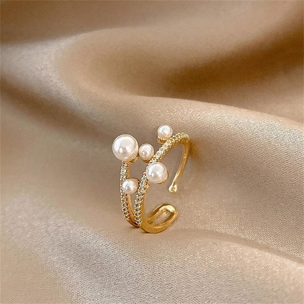 Women Double-deck Pearl Ring Adjustable Festival Wedding Engagement School Beach Shop Trendy Jewelry for Girls