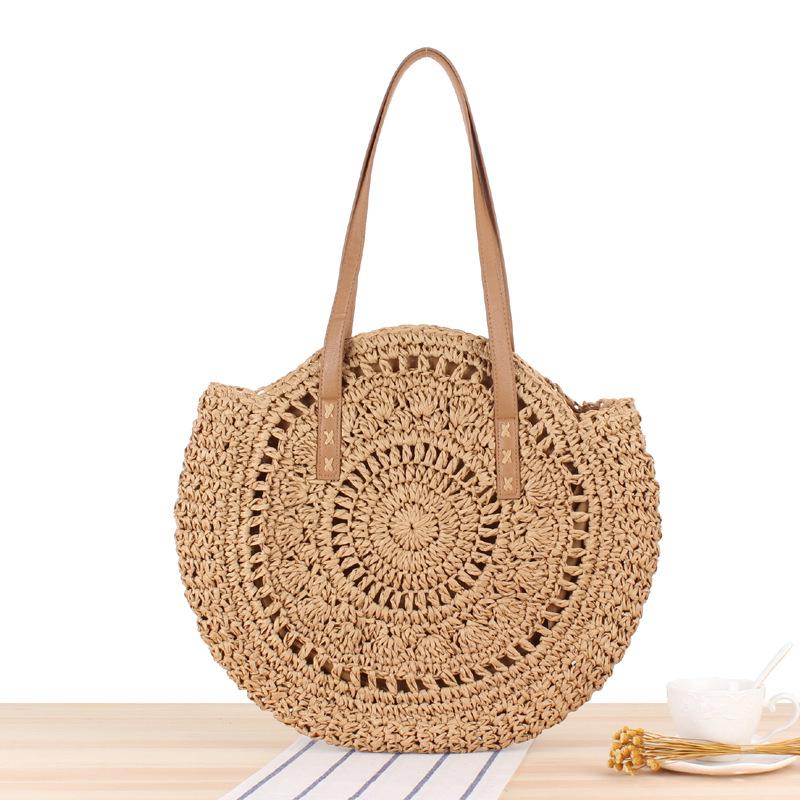 Women Boho Woven Handbag Summer Beach Tote Straw Bag Round Rattan Shoulder Bag