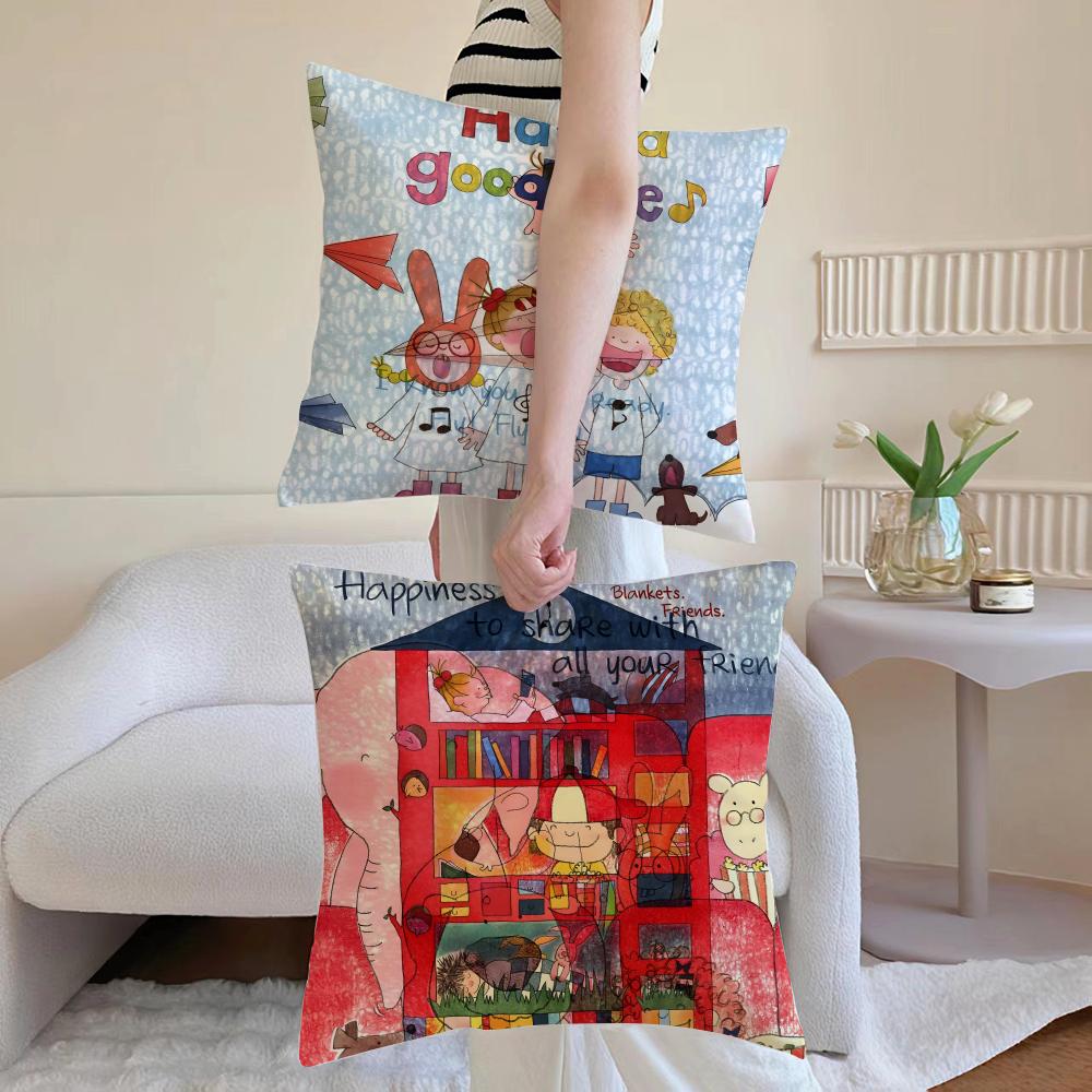 Japanese Cartoon Illustrations Cushion Cover Anti-dustmite Pillowcase Invisible Zipper Silky Short Plush Sofa Cushion Cover