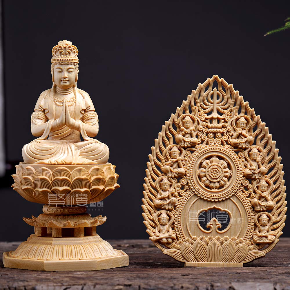 Hanro Art Carving Buddhist Statue of Samantabhadra Wood Good Zodiac Feng Protection from Cypress Flying Celestial Being Octagonal Base H x 12cm W x