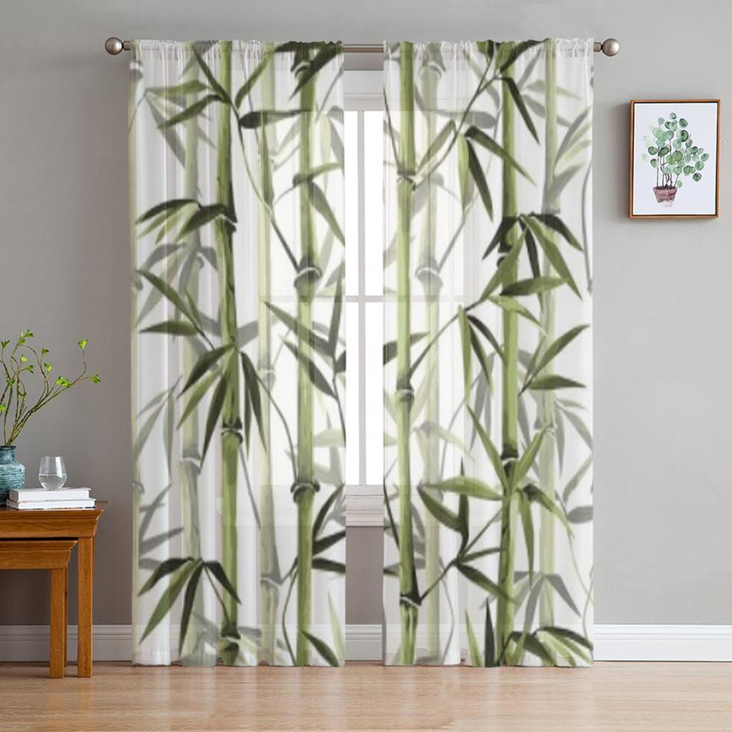 Bambusově zelené bílé rostlinné tylové průsvitné záclony v čínském stylu pro dekoraci obývacího pokoje, ložnice, kuchyně, voálové organzové záclony