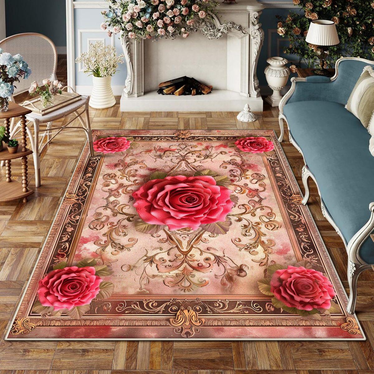 

European Floral Design Large Living Room Carpet Antiskid Washable Rug Aesthetic Bedroom Decor Dressing Table Mat 60*90cm