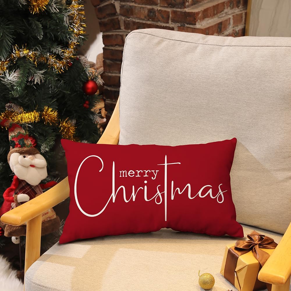 Red Merry Christmas Pillow Cover 12x20 Inch, Cotton Linen Rectangular Cushion Cover for Sofa Xmas Home Decoration