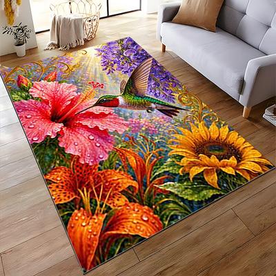 Colorful Hummingbird and Floral Design Non-slip Rug Suitable for Living Room and Bedroom Sofas