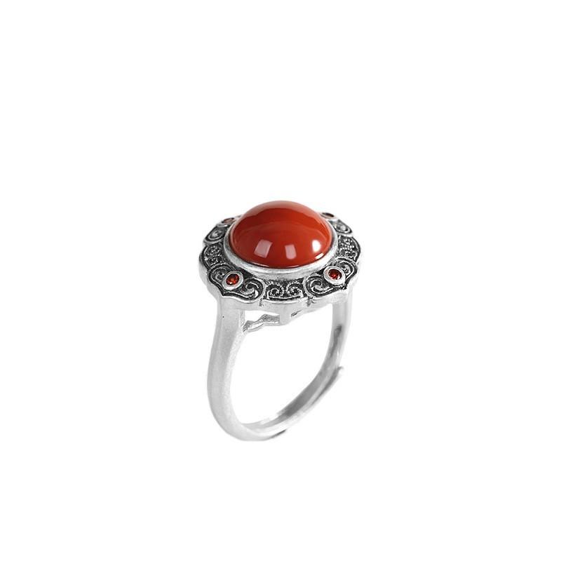 Adjustable Open Ring Men Women Vintage Bohemian Style With Hollow Geometric Plated Red Agate Stone