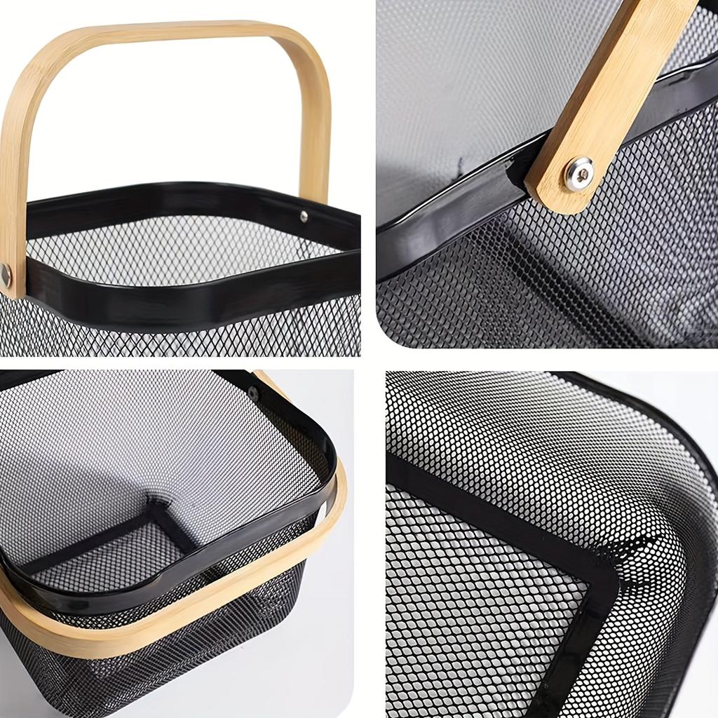 2 Pack Square Metal Mesh Fruit Basket, Portable Metal Picnic Baskets with Wood Handle, Mesh Storage Organizer Basket