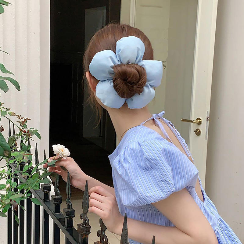 Trendy Oversized Blue Flower Scrunchie Headdress Women Girls Design Rubber Elastic Hair Band Vacation Hair Accessories