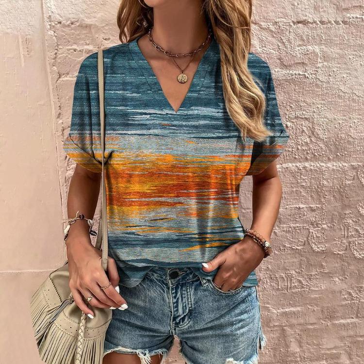 Retro Harajuku Women's Casual V-Neck Short Sleeve Summer Streetwear Pullover T-Shirt Tops New Fashion Stripe Print Tee