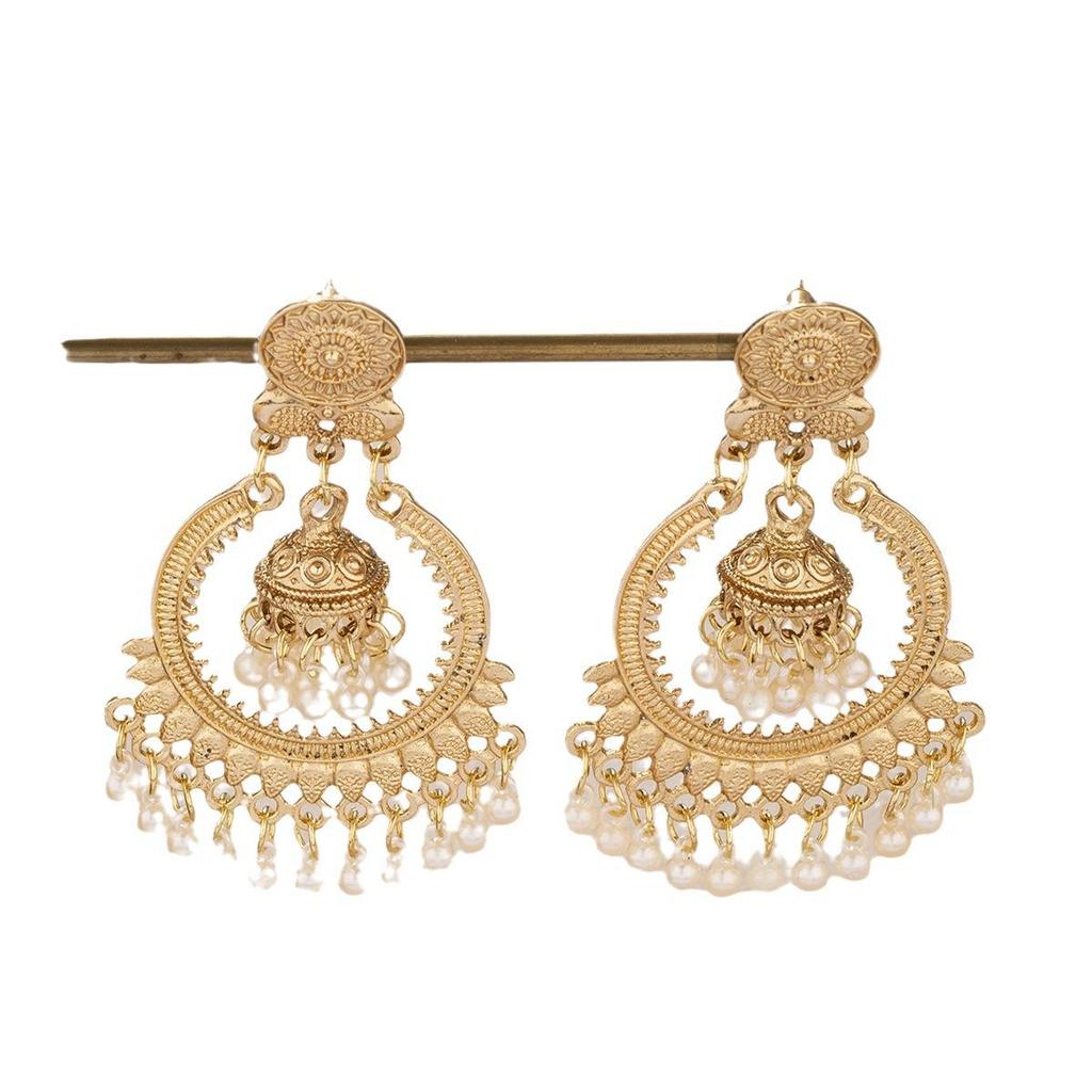 Bohemian Ethnic Style Pearl Earrings with Tassel and Bell Pendant