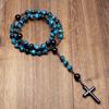 Natural Light Blue Tiger Eye Onyx Catholic Christ Rosary Necklaces Bead Long for Men Hematite Cross Pendant Necklace Meditation