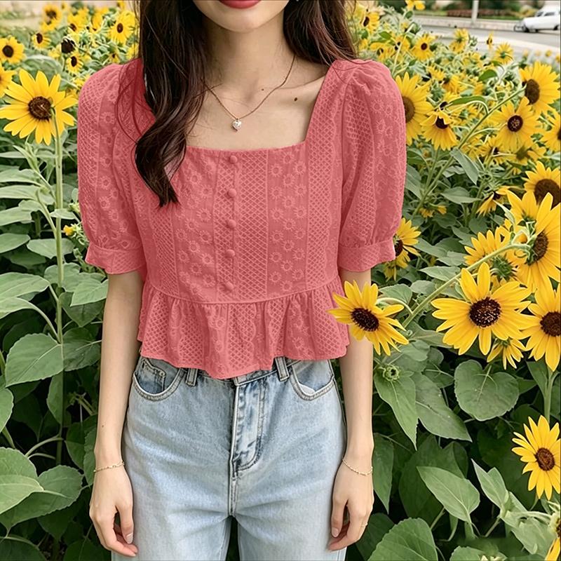 ZANZEA Women Square Collar Summer Embroidery Casual Short Sleeve Blouse
