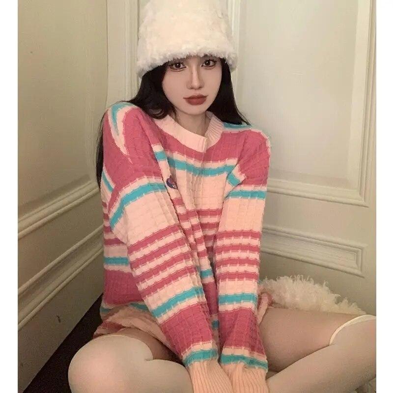 

Женский свитер с круглым вырезом, новый цветной дизайн в полоску, женский трикотаж, осень-зима, свободные пуловеры с длинными рукавами, пальто S