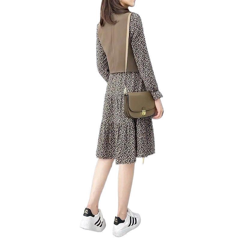 Two-Piece Floral Dress & Vest Set - Spring 2026 Elegant Slim Fit, Long Sleeve, Elastic Waist