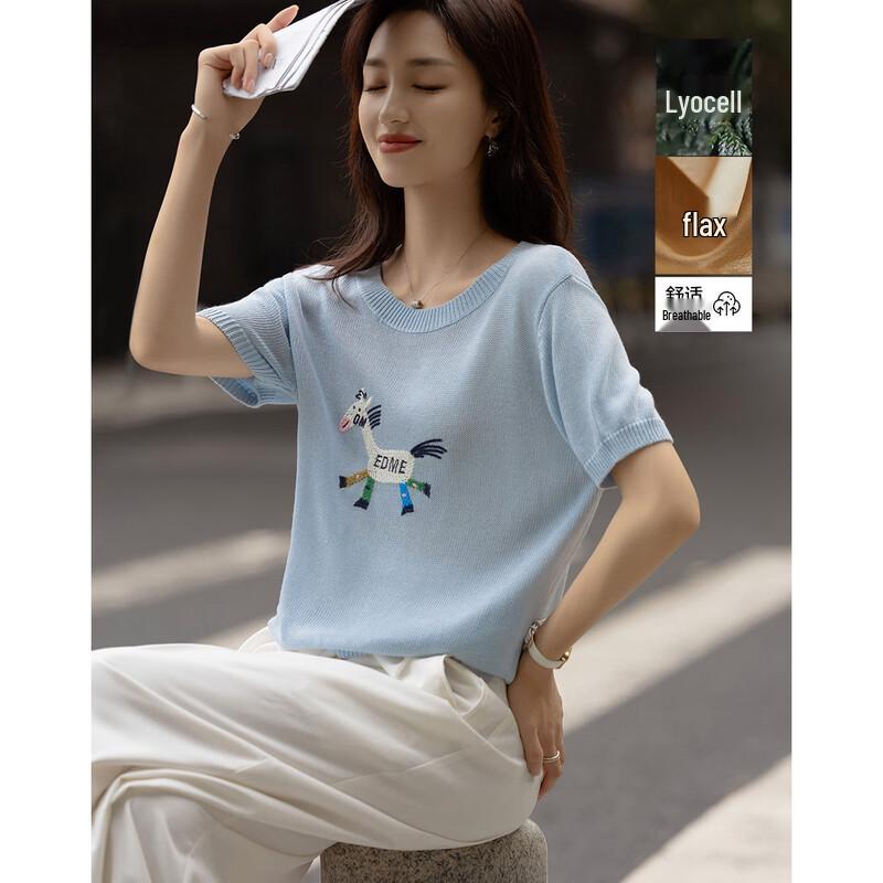 Demana Women s Linen Lyocell Blend Embroidered Knit Top XL