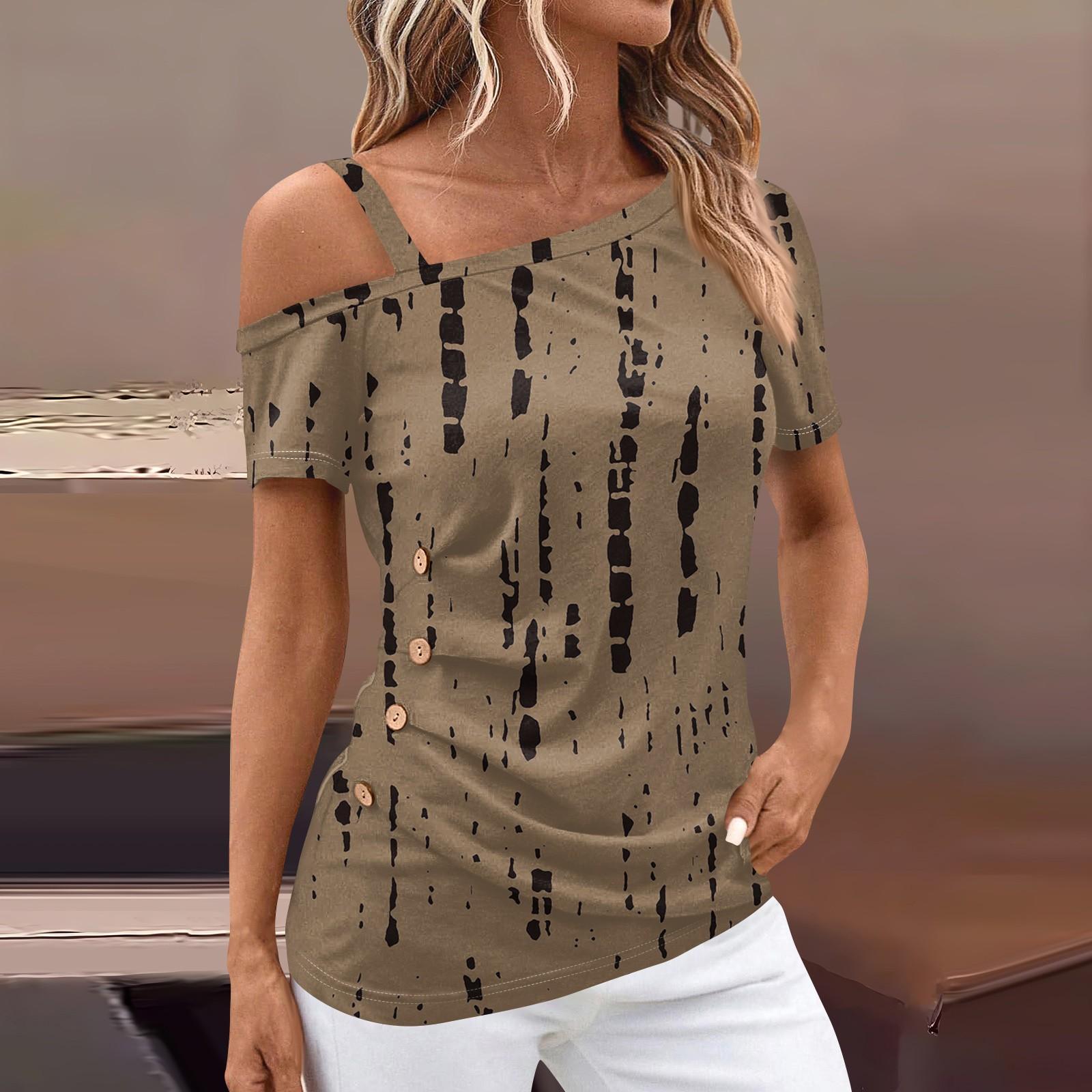 

Рубашки с коротким рукавом для женщин, футболка с открытыми плечами и принтом, летние повседневные базовые топы, пуловер L кофейный