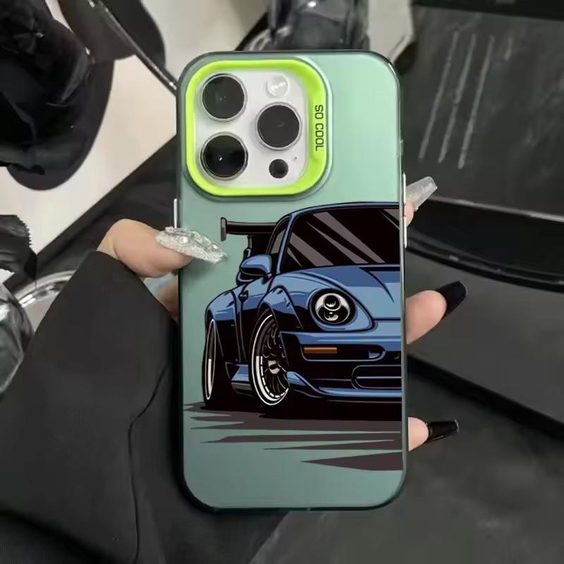 Fashionable car print anti-drop phone case for iPhone 16 13 14 11 12 15 plus 16 Pro Max X XR Xs colored silver IMD hard cover