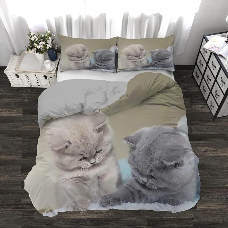 Super Cute Kitten Kids Bedding Set Kawaii Girl Quilt Cove King Queen Size Cute Cat Animal 3pcs Polyester Duvet Cover (No Sheet)