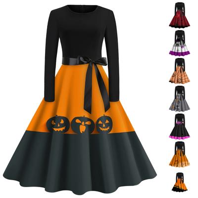 Women Halloween Print Flare Dress Long Sleeve O-Neck Dress Party Casual Dresses