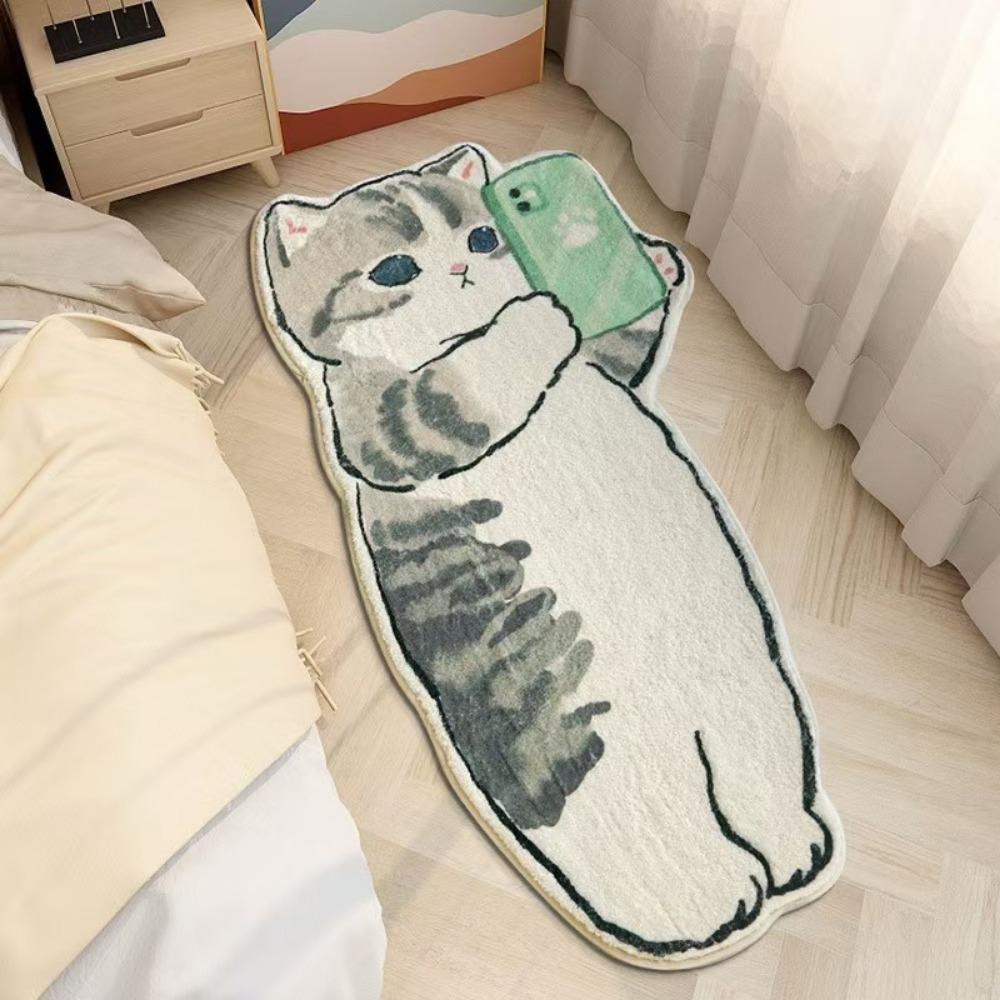 2pcs Cartoon Cute Cat Imitation Cashmere Bedroom Carpet Special-shaped Bedside Carpet Floor Mat