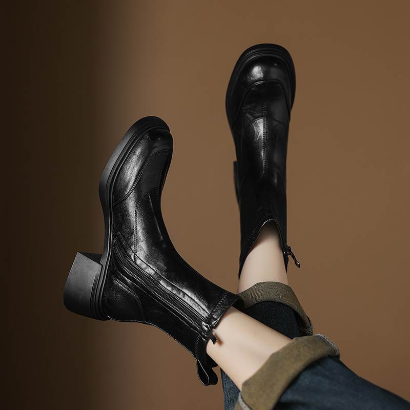 Krazing Pot Microfiber Round Toe Chunky Heels Motorcycle Boots Size 42 Zip Women Platform Ankle Boots