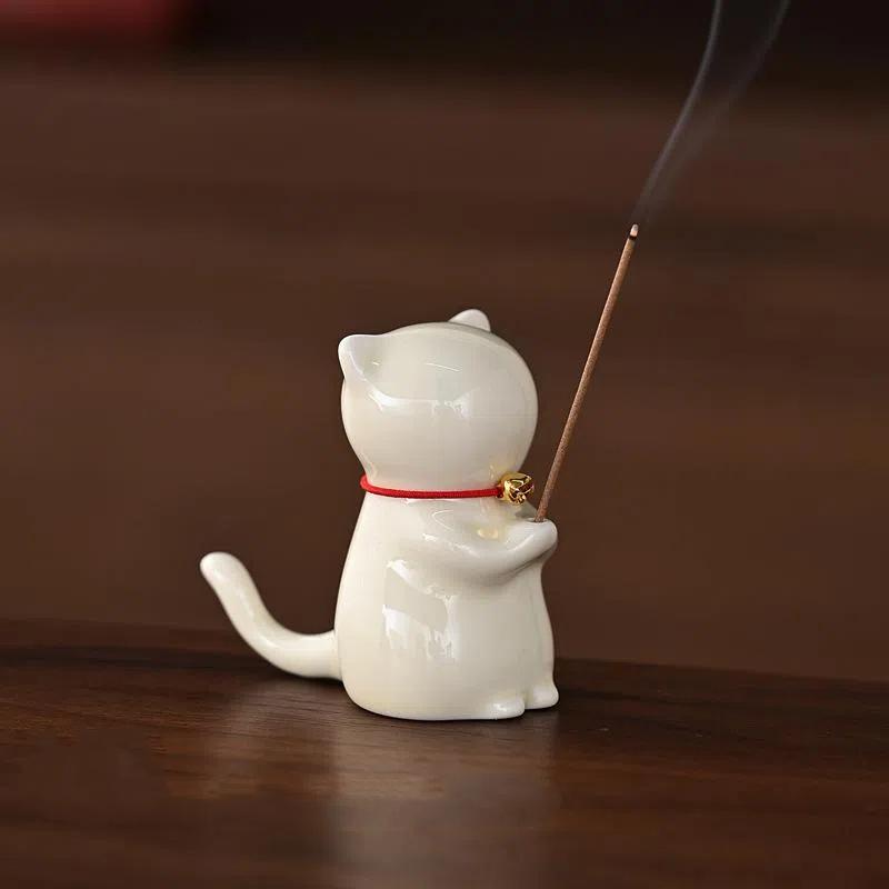 Cute Wishing Cat Ceramic Incense Burner Decoration Indoor Line Incense Holder for Tea Table | Temples Yoga Studios Home Decor