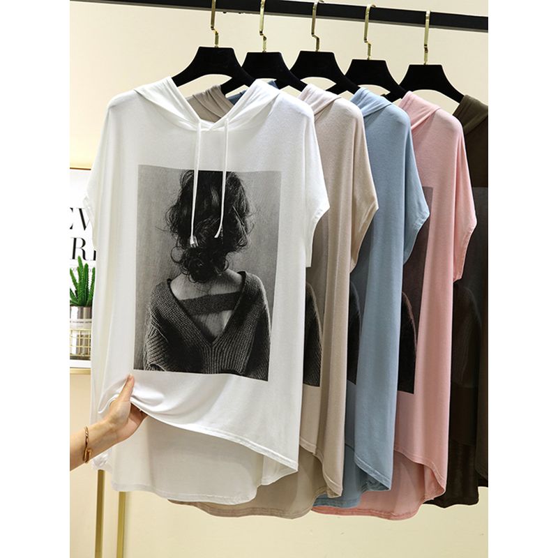 Modal Short Sleeve Hood T-shirt Women Summer Mid-Length Print Base Top Plus Size Slim Thin Fashion Inner Wear