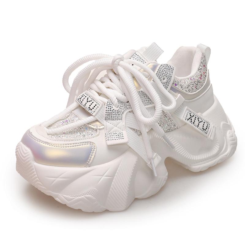Sneakers groși cu strasuri de 6,5 cm, pantofi vulcanizați casual de primăvară 2025, sneakers cu plasă respirabilă cu platformă înaltă pentru femei, pantofi de tată pentru femei