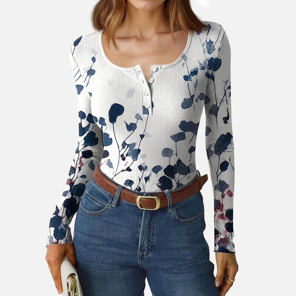 Women's Slim Bottom T-shirt Fashion Casual Gradient Printing Round Neck Pullover Long Sleeve Top