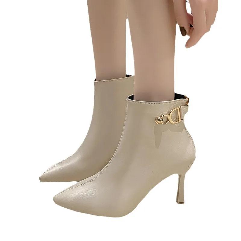 Móda Klasické luxusní dámské boty špičaté tenký podpatek kotníkové boty pro dámskou jaro a podzim 2024 nové všestranné ležérní módní boty