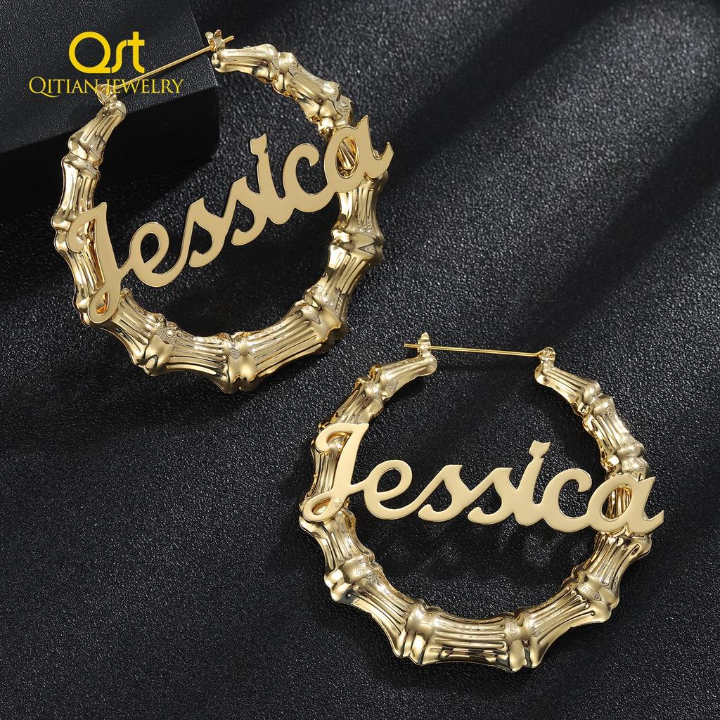 30Mm 100Mm Custom Bamboo Hoop Earrings Customize Name Earrings Bamboo Personality Earrings With Eye Catching Statement Words Hiphop SexyPersonality
