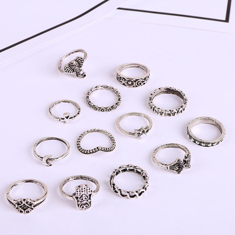 Retro European & American Style V-Shaped Elephant Buddha Palm 13-Piece Ring Set