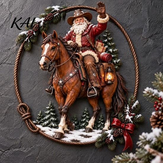 Holiday Home Interior Ornaments Cowboy Santa Riding Horse Metal Wall Art, Western Christmas Round Sign with Sturdy Ranch Accents Rope Border,