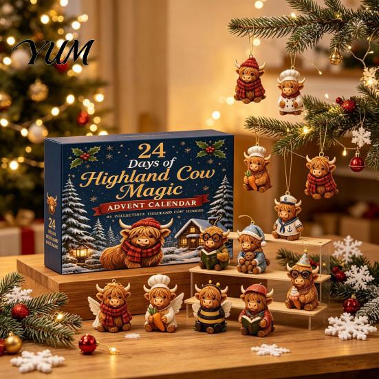 Acrylic Christmas Tree Ornaments Highland Cow Advent Calendar, 24 Unique Ornaments, Decorative Surprise Gift 2D Flat Hanging Charms for Decoration