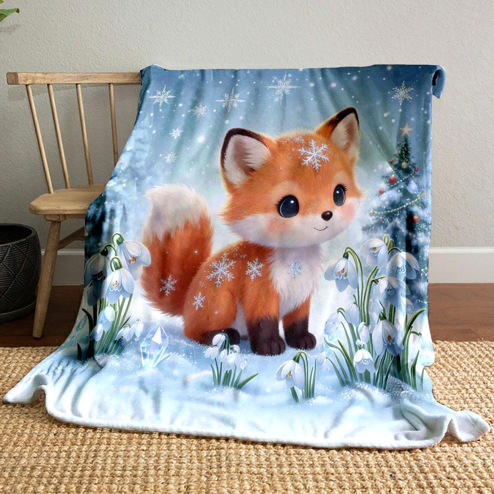 1PC Small Animals in A Winter Scene Printed Blanket, All-Season Multi-Use for Nap, Camping, Travel, Car ,sofa Machine Washable