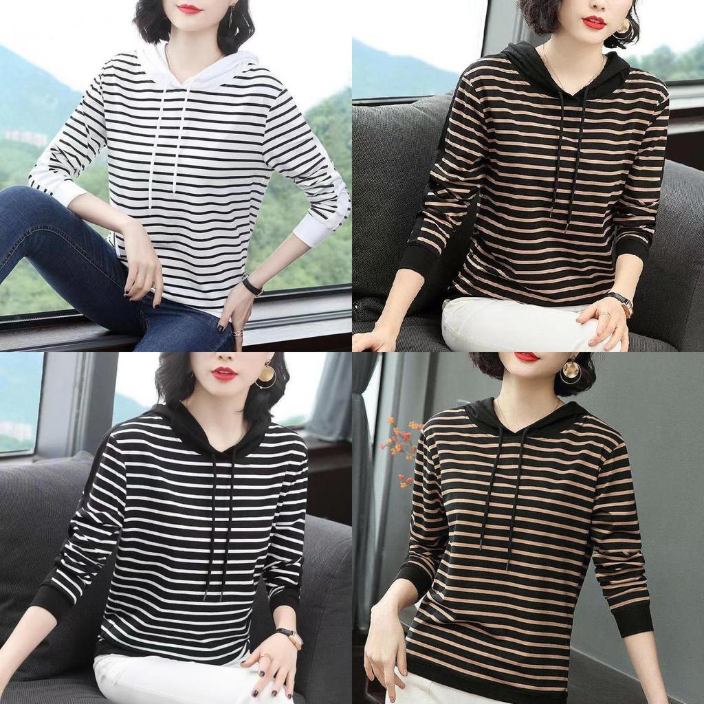 Mid Autumn Season Striped Hoodie T Shirt For Women With Patching And Loose Fit