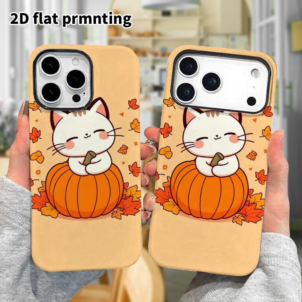 Phone Case: 2D Flat Design Suitable for iPhone 18 17 16 15 14 13 Pro Film Protective Case, Couple Style, Little Cat In a Pumpkin, Christmas and Hallow